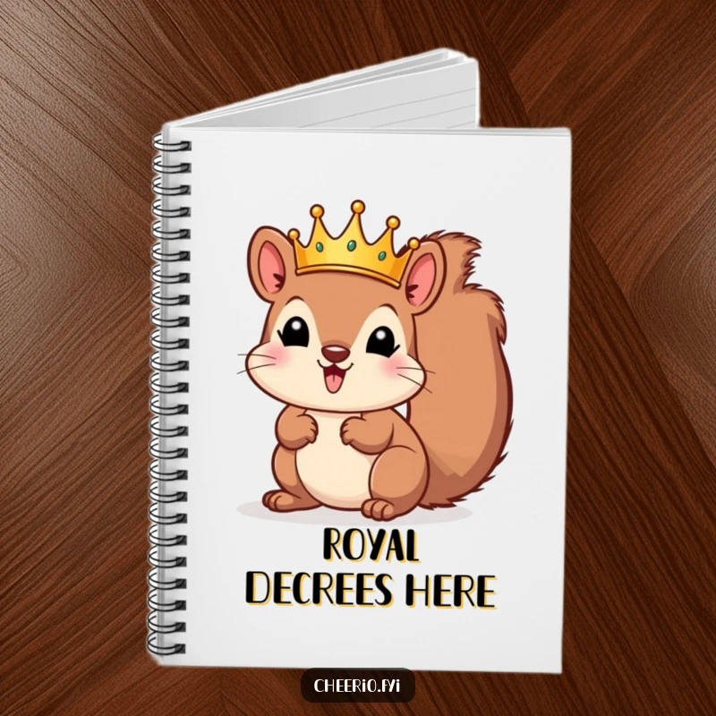 Funny squirrel wearing a small crown, poised for writing in a charming notebook. A great funny gift.