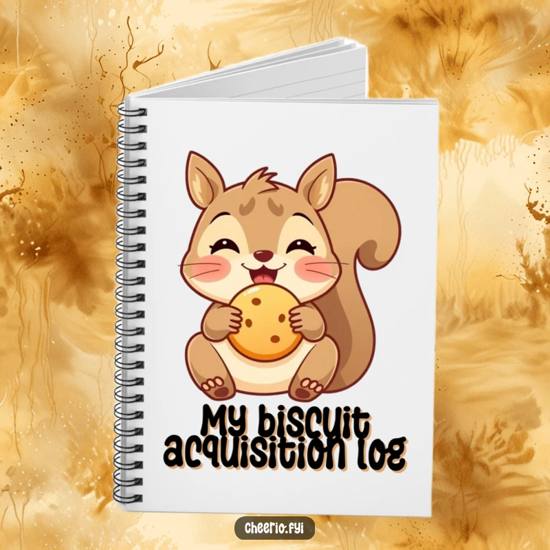 Funny delighted squirrel notebook holding a round biscuit, perfect for jotting down ideas with snack-time charm.