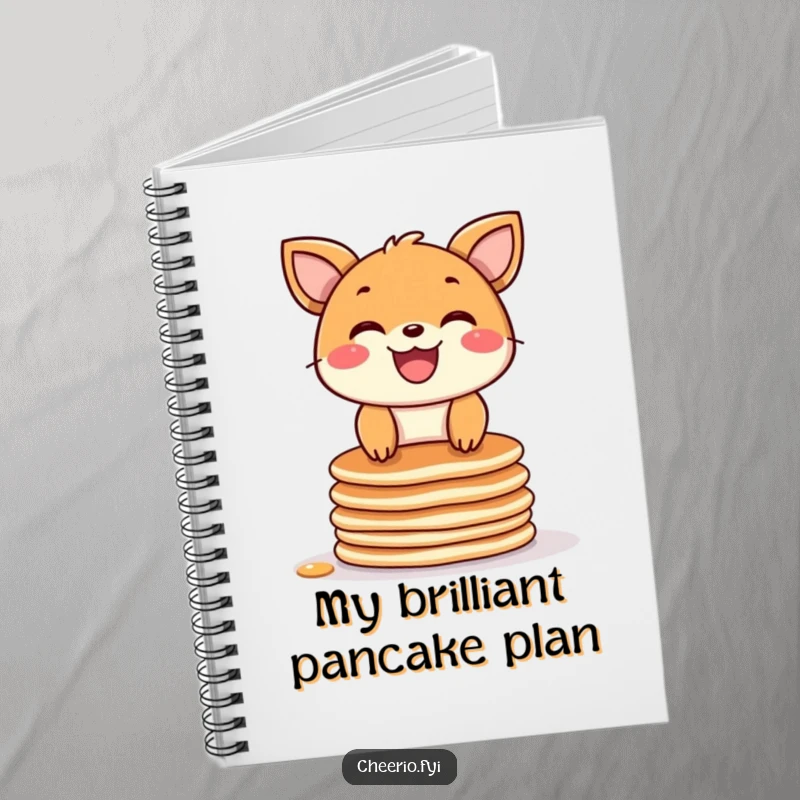 Funny notebook featuring a wide-grinning animal balancing on a stack of pancakes, designed for capturing thoughts and spreading smiles.