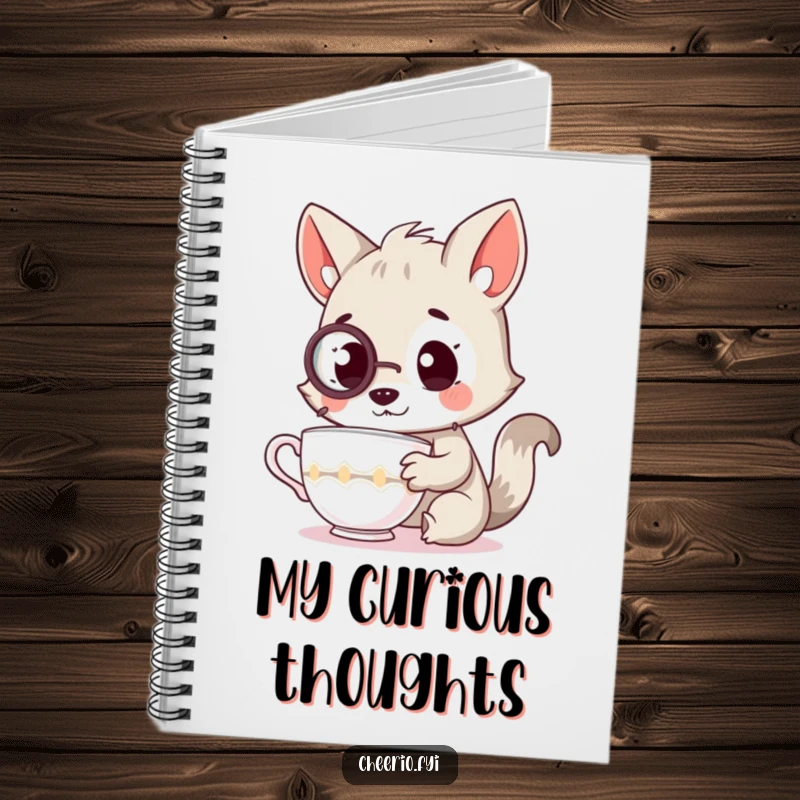 Funny notebook cover showing a curious animal wearing a monocle, examining a teacup, ready for precise note-taking.