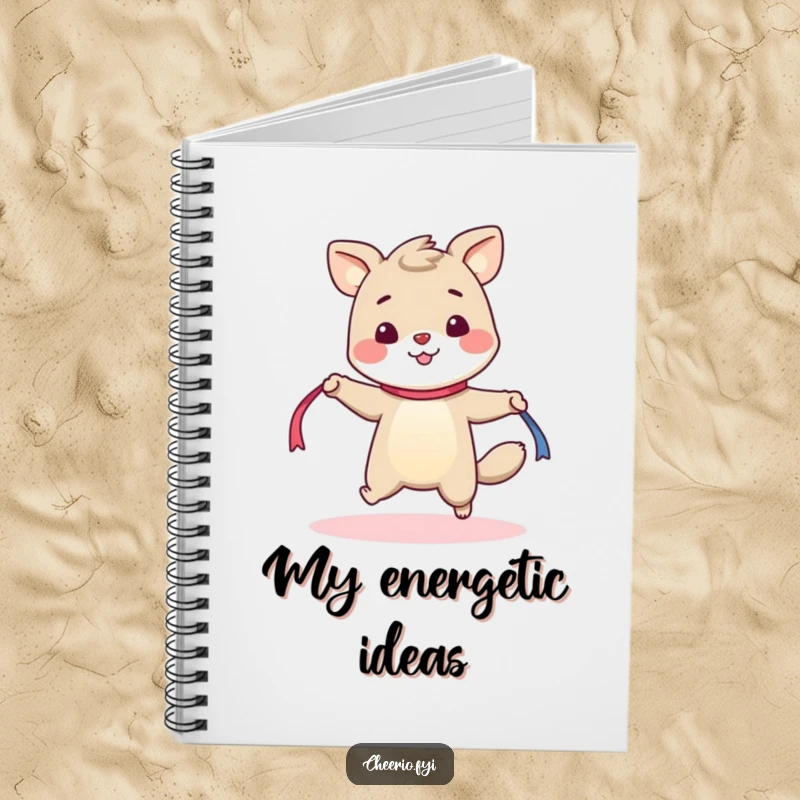 Funny notebook cover with a cheerful animal energetically skipping rope with a ribbon, embodying fitness and fun.