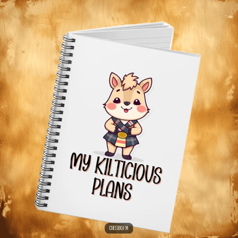 Funny British animal wearing a small kilt, looking cheerful, on a notebook cover, perfect for jotting ideas.