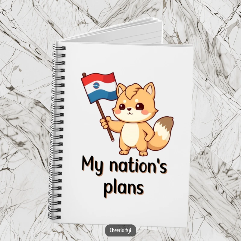 Funny notebook cover featuring a proud, determined animal character gesturing towards a stylized flag, inspiring patriotism.