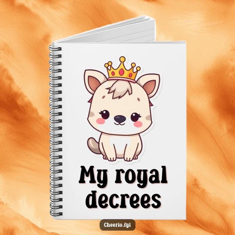 Funny British animal character wearing a small crown, looking regal and ready to write, on a notebook cover.