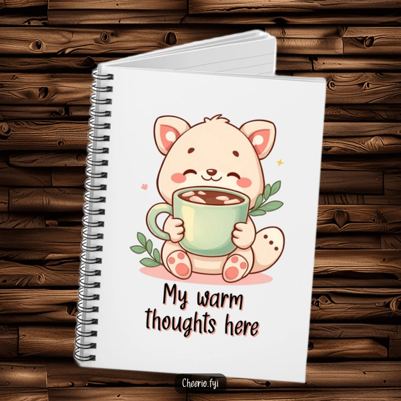 Funny notebook cover with a cute animal character offering a warm cup of cocoa, inviting cozy thoughts and ideas.
