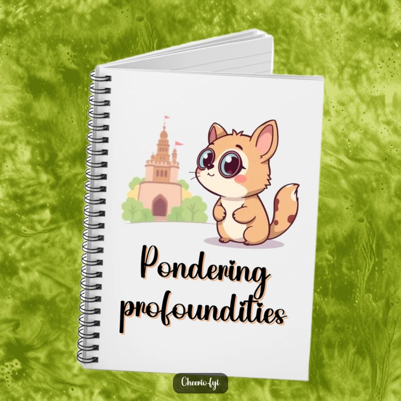 Funny curious animal wearing a monocle peers at a landmark on a cute notebook cover, witty design.
