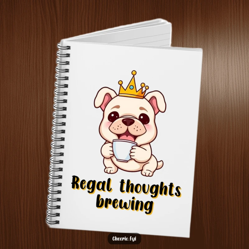 Funny notebook cover featuring a cheerful bulldog wearing a tiny crown and holding a miniature teacup, ready for important notes.