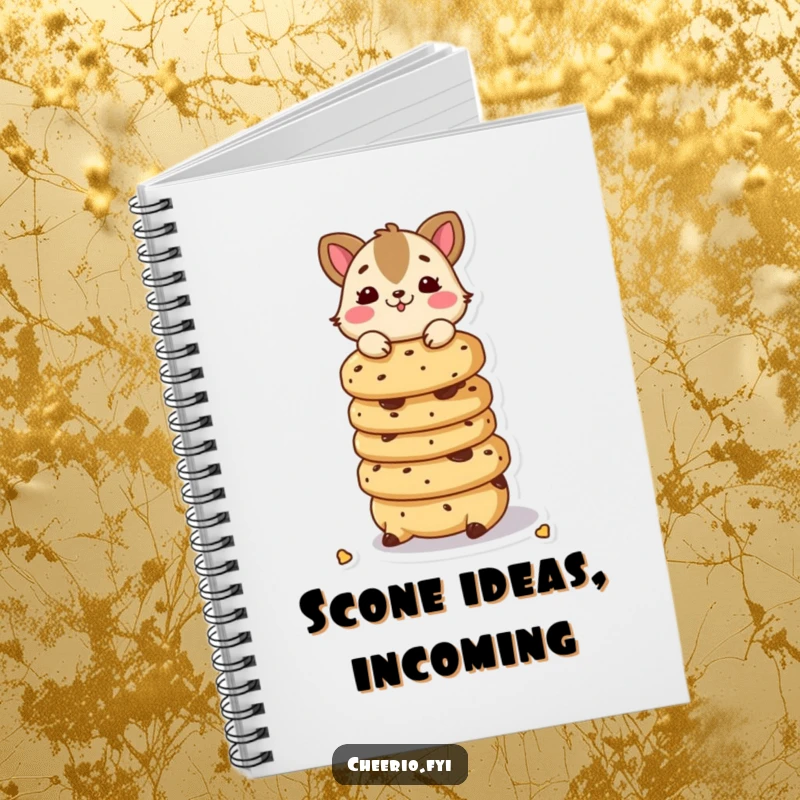 Funny notebook with a playful animal character balancing a stack of scones, perfect for journaling.