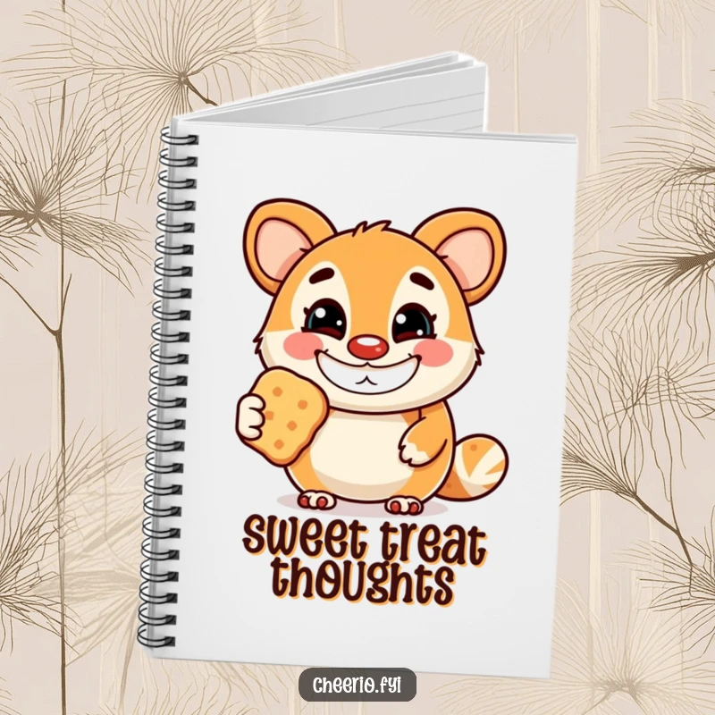 Funny notebook featuring a cheerful animal mascot with a wide grin, offering a biscuit, perfect for jotting down notes with a sweet flair.