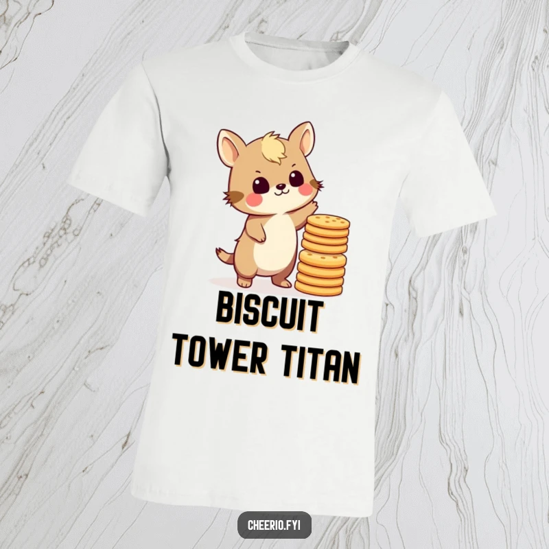 Funny British animal character balancing a wobbly tower of biscuits, depicting a humorous tea time struggle, on a t-shirt.