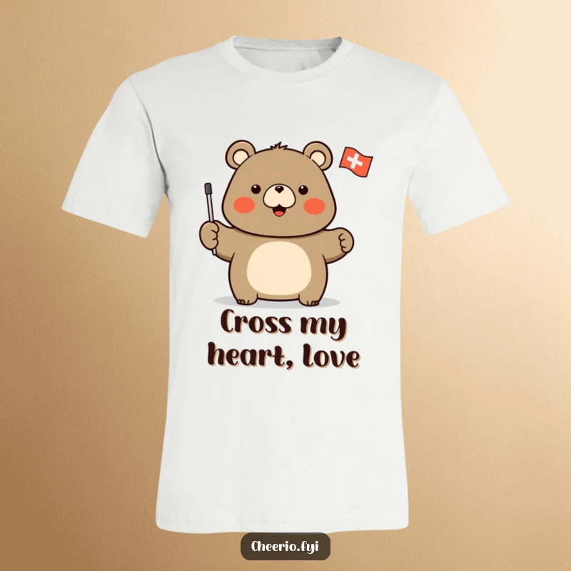 Funny t-shirt featuring a stout bear character enthusiastically waving a tiny flag with a prominent white cross design.