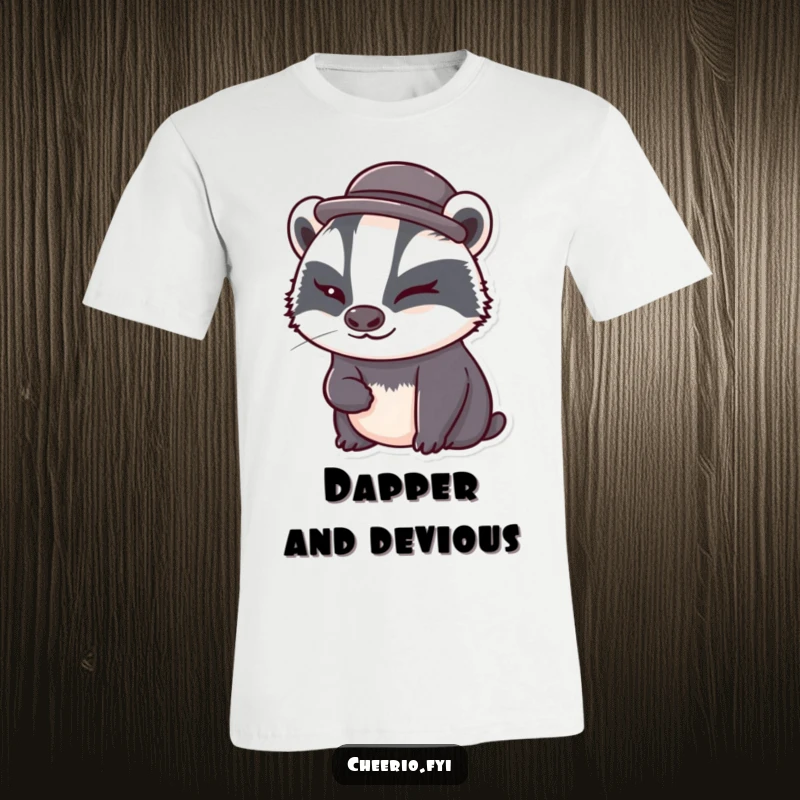 Funny cute badger in a small bowler hat giving a playful wink on a comfortable t-shirt, ideal for animal lovers.