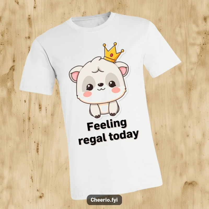 Funny t-shirt featuring a smiling animal character proudly wearing a miniature crown, looking regal.