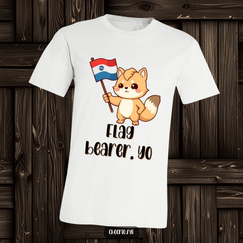 Funny T-shirt: A proud animal character with a determined look gestures towards a stylized flag, showing patriotism.