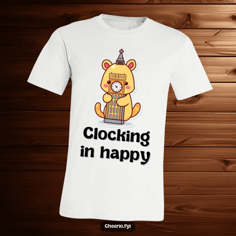 Funny cartoon animal hugging a stylized Big Ben icon, a humorous design for t-shirts.