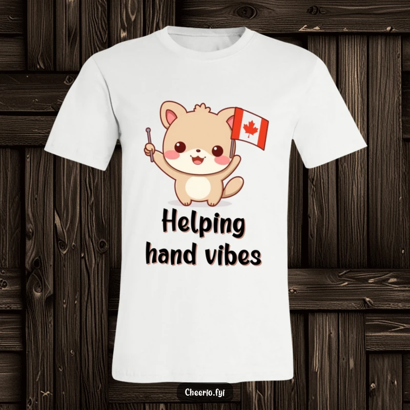 Funny t-shirt featuring a happy animal character triumphantly waving a small flag with a prominent red cross, spreading good cheer.