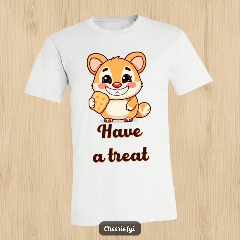 Funny t-shirt depicting a joyful animal mascot with a big grin, holding out a biscuit, perfect for spreading cheer.