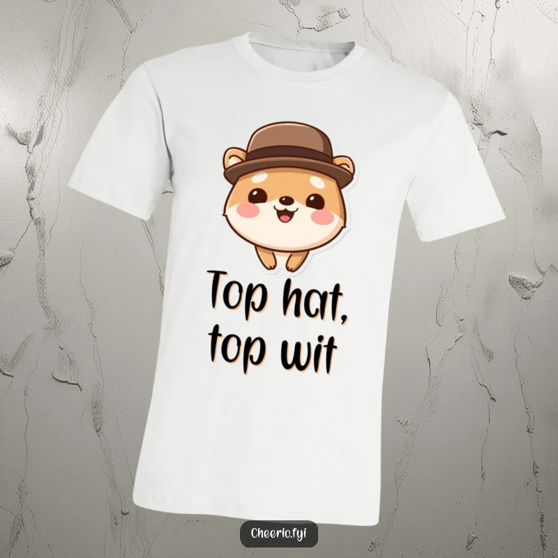 Funny cute animal t-shirt wearing a bowler hat, smiling broadly with a confident and charming demeanor.