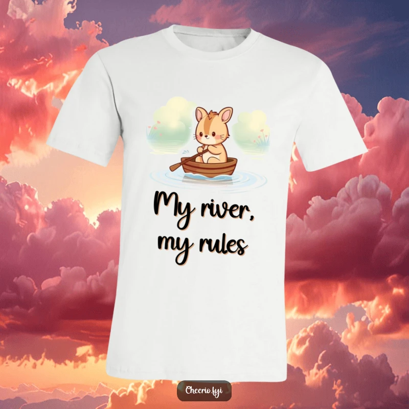 Funny British animal character rowing a tiny boat on a calm river, a humorous depiction for a t-shirt, perfect for gift giving.