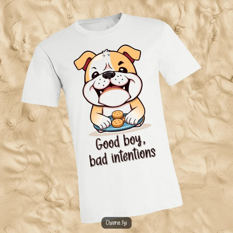 Funny Bulldog T-Shirt: A bulldog with a cheeky grin presents a plate of biscuits, perfect for dog lovers and humor seekers. Excellent funny gift.