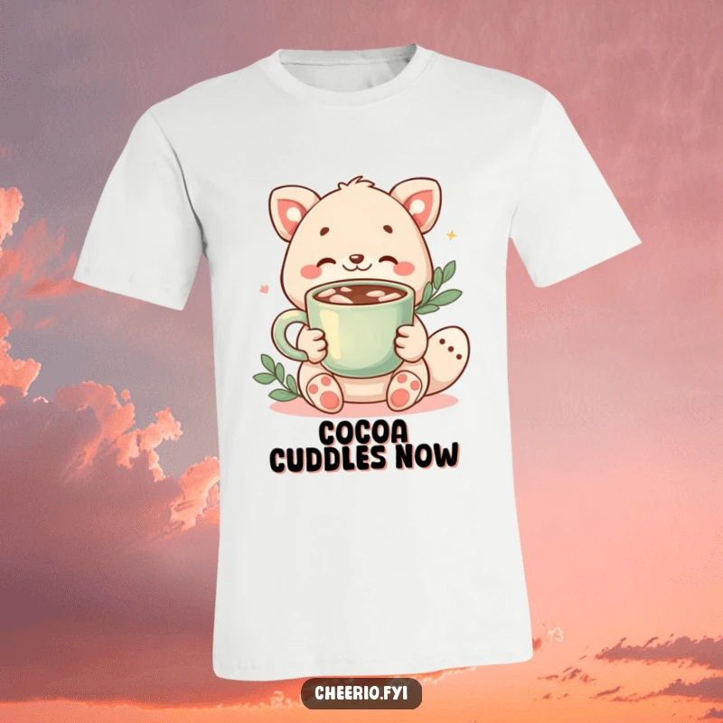Funny t-shirt depicting a cute animal character extending a steaming cup of cocoa, inviting warmth and comfort.