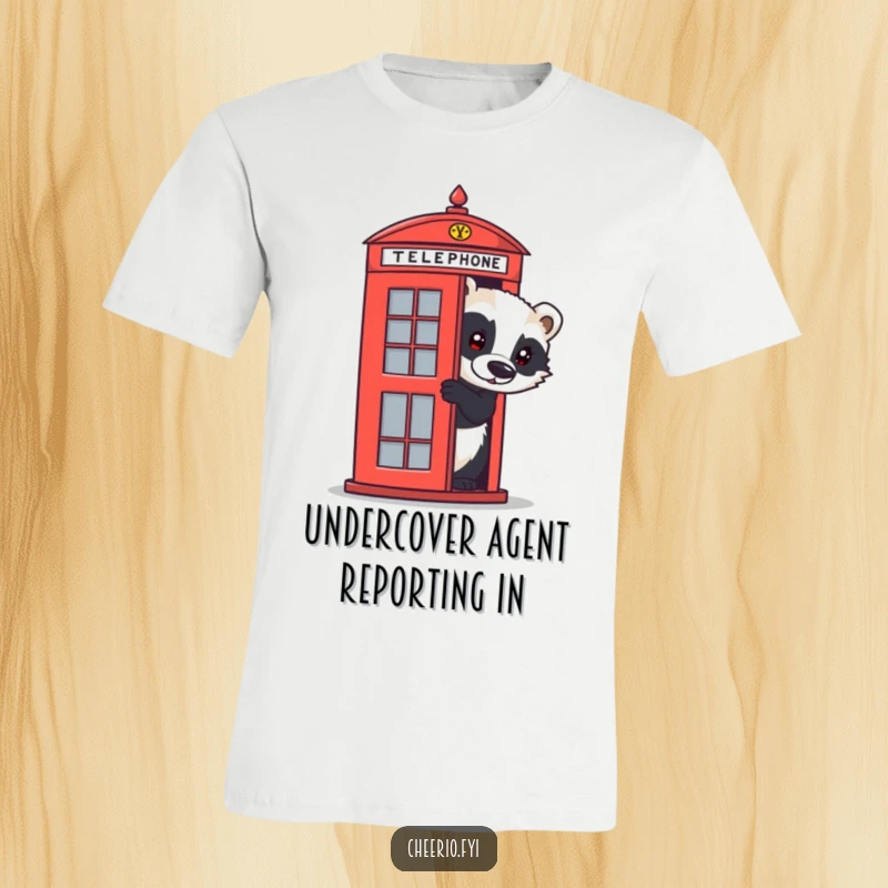 Funny curious badger t-shirt featuring a playful animal peeking from a stylized red British telephone box, a humorous statement piece.