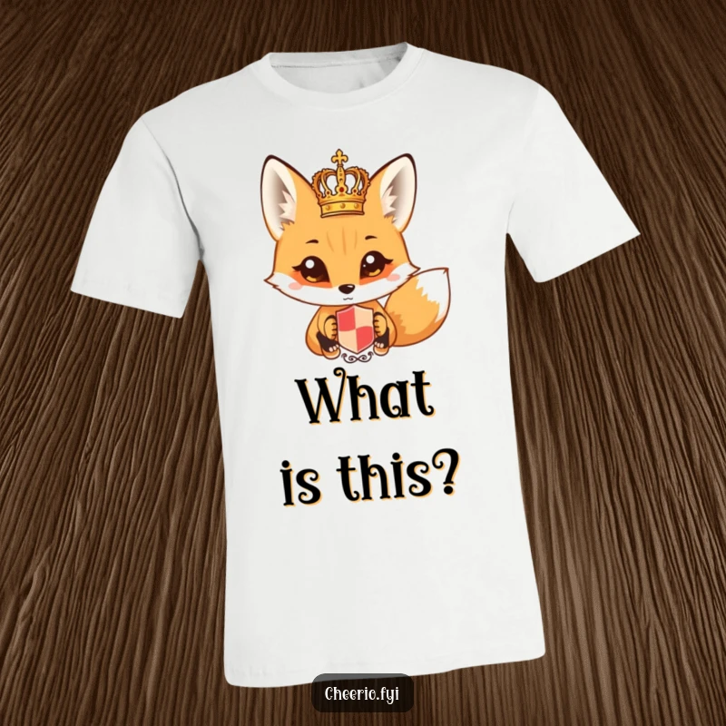 Funny fox with wide eyes looking at a tiny royal crest, printed on a comfortable tee. A curious funny gift.