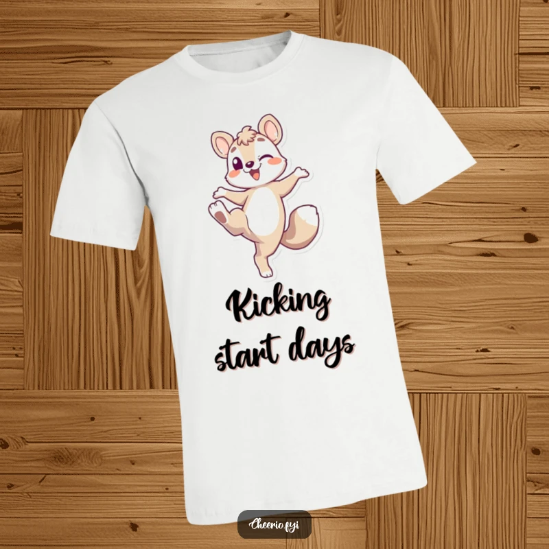 Funny Energetic Fox T-Shirt: An energetic fox character playfully kicking its leg up, conveying fun and energy, ideal funny gift.