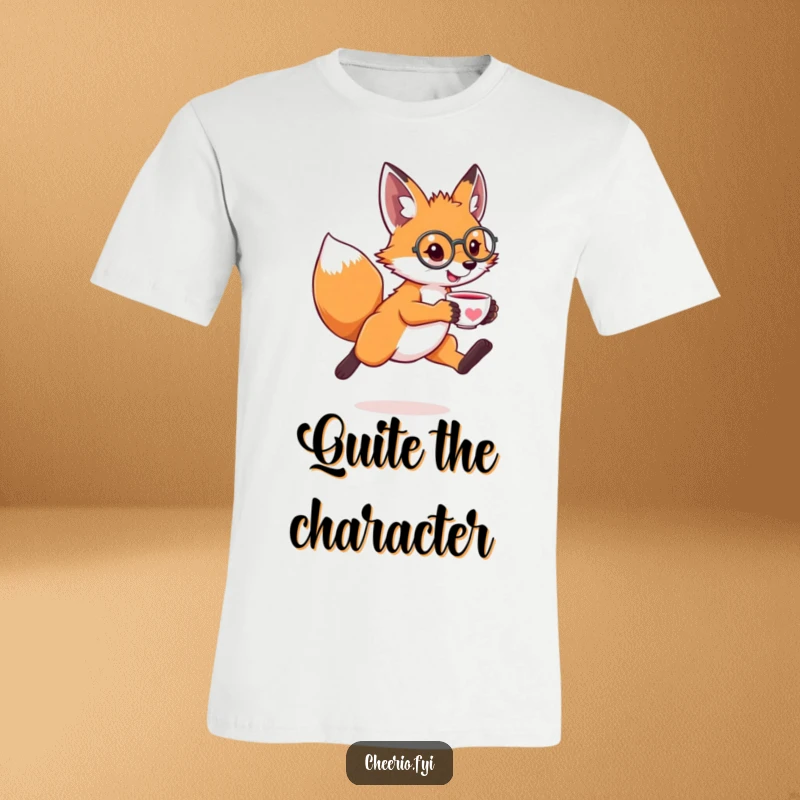 Funny t-shirt with a leaping fox wearing a monocle and holding a tiny teacup, exuding dapper and humorous elegance.