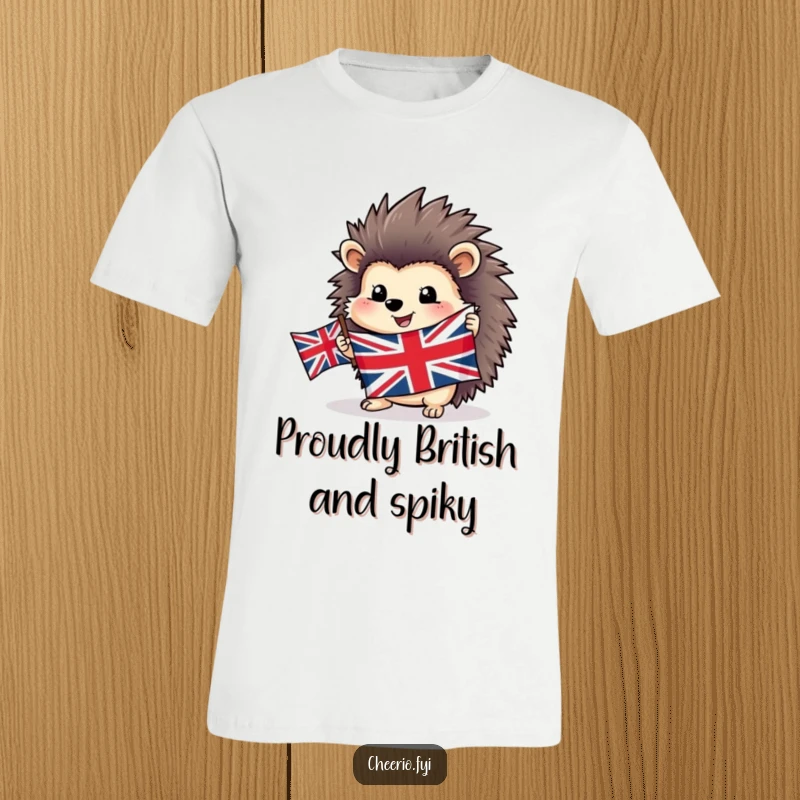 Funny happy hedgehog t-shirt proudly holding a waving Union Jack flag, embodying cheerful British patriotism.