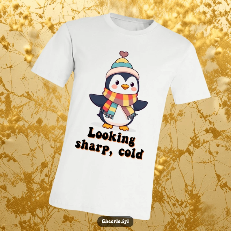 Funny Penguin T-Shirt: A penguin in a tiny top hat waves a colorful scarf, perfect for fashion-forward individuals and humor lovers. Excellent funny gift.