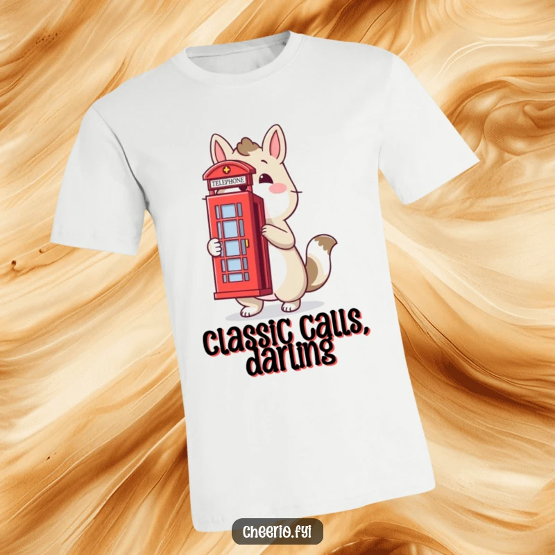 Funny t-shirt with a proud animal character standing by a red telephone box, celebrating British icons with humor, ideal funny gift.