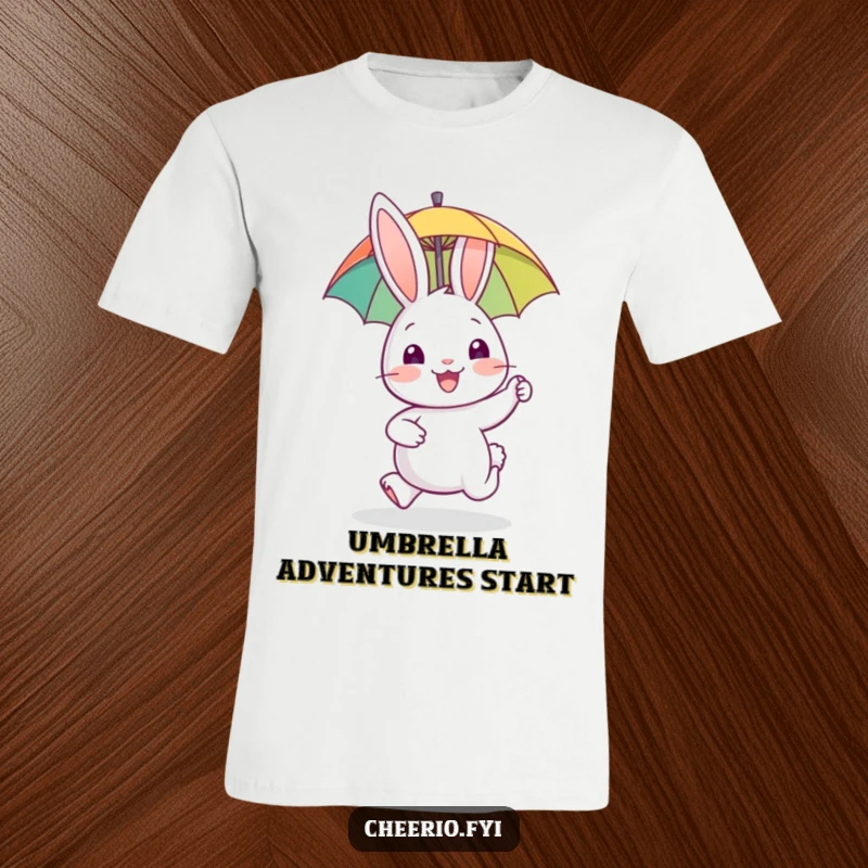 Funny t-shirt featuring a happy rabbit gleefully hopping while holding a miniature umbrella, embodying pure delight.