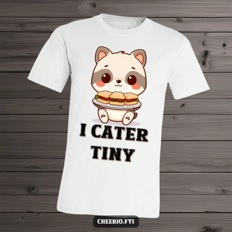 Funny T-Shirt: Stylized animal character offering a plate full of miniature gourmet sandwiches, emphasizing fun.