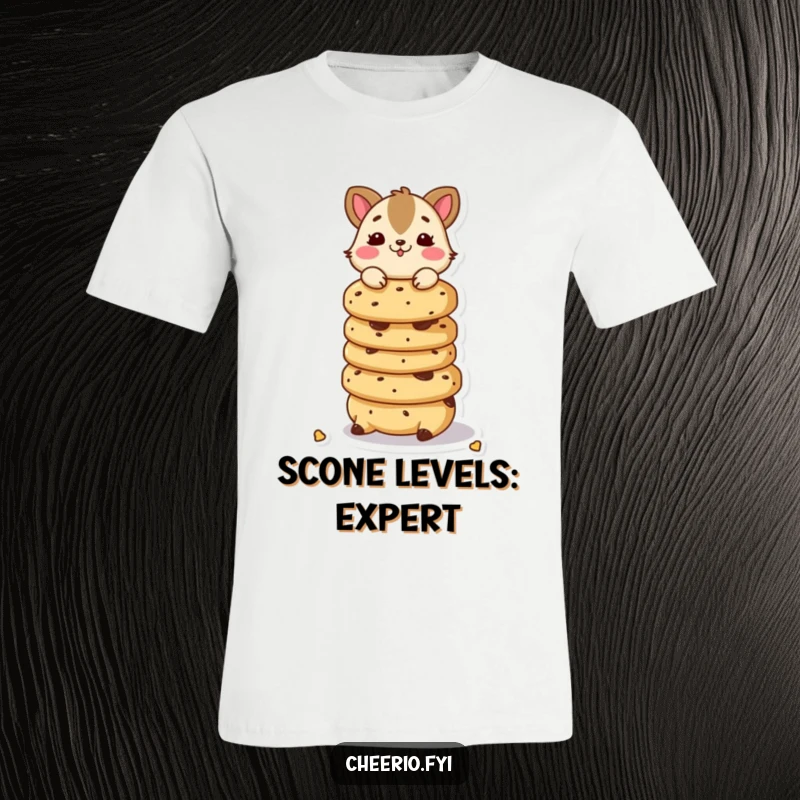 Funny t-shirt featuring a playful animal character skillfully balancing a high stack of scones.