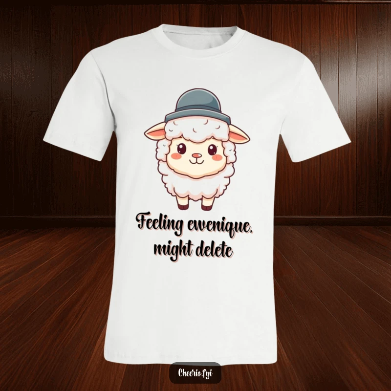 Funny sheep t-shirt showcasing a fluffy sheep with a happy expression, wearing a miniature bowler hat tilted stylishly.