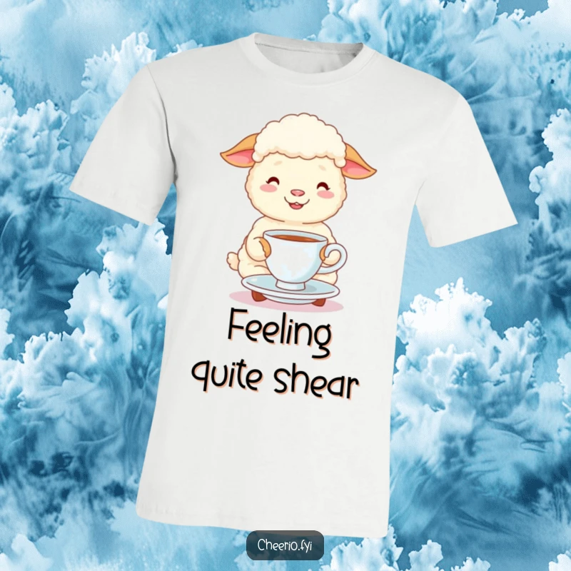 Funny happy sheep with a small tea cup and saucer sipping merrily on a comfortable t-shirt, a cute design.