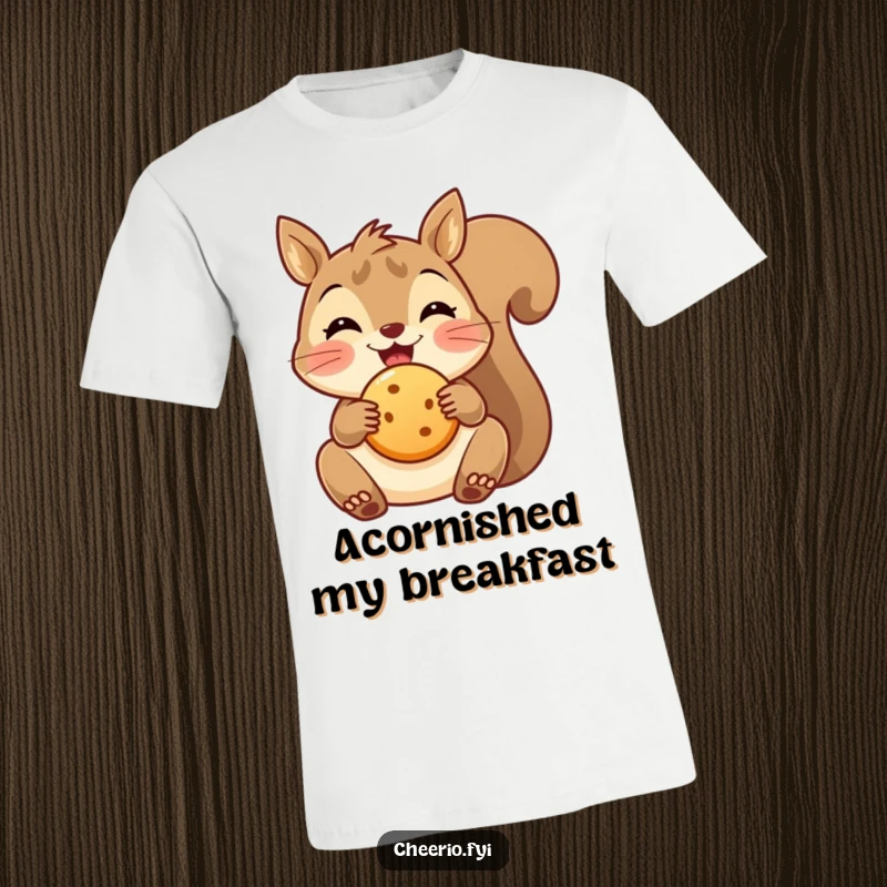 Funny delighted squirrel t-shirt proudly holding a small round biscuit, showcasing a love for yummy snacks.