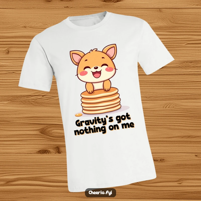 Funny t-shirt showcasing a cheerful animal with a huge grin balancing on a stack of pancakes, ready for a laugh.