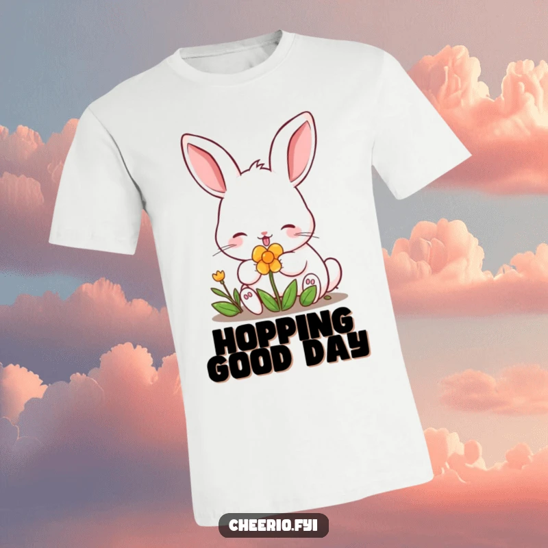 Funny rabbit with perked ears, contentedly munching on a stylized clover, on a soft tee. A charming funny gift.