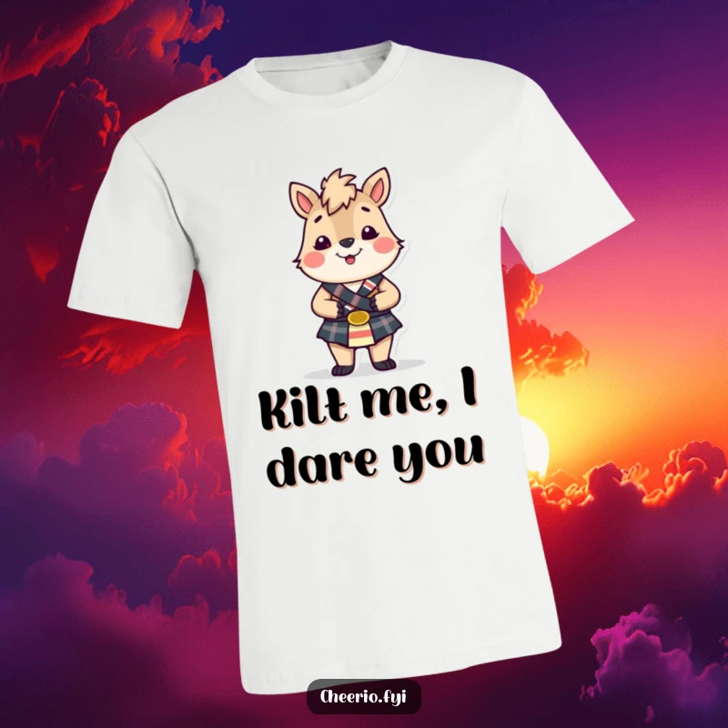 Funny British animal character in a small kilt looking cheerful, a humorous t-shirt design celebrating Scottish flair.