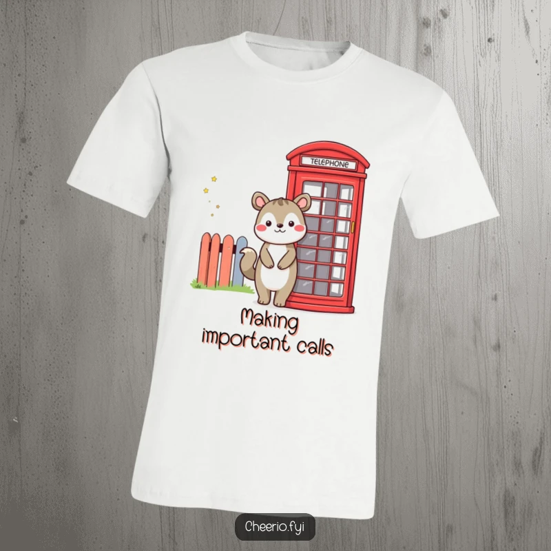 Funny t-shirt showcasing a happy animal smiling brightly next to a vintage red telephone booth, perfect for casual, humorous wear.