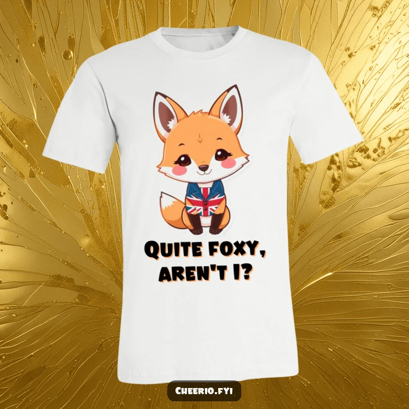 Funny fox t-shirt with a smiling fox character wearing a tiny Union Jack waistcoat, looking smart and ready.