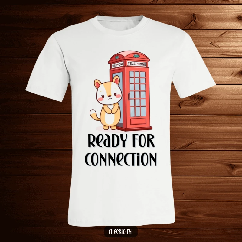 Funny t-shirt featuring a cheerful animal with a wide smile, standing beside a bright red telephone booth.