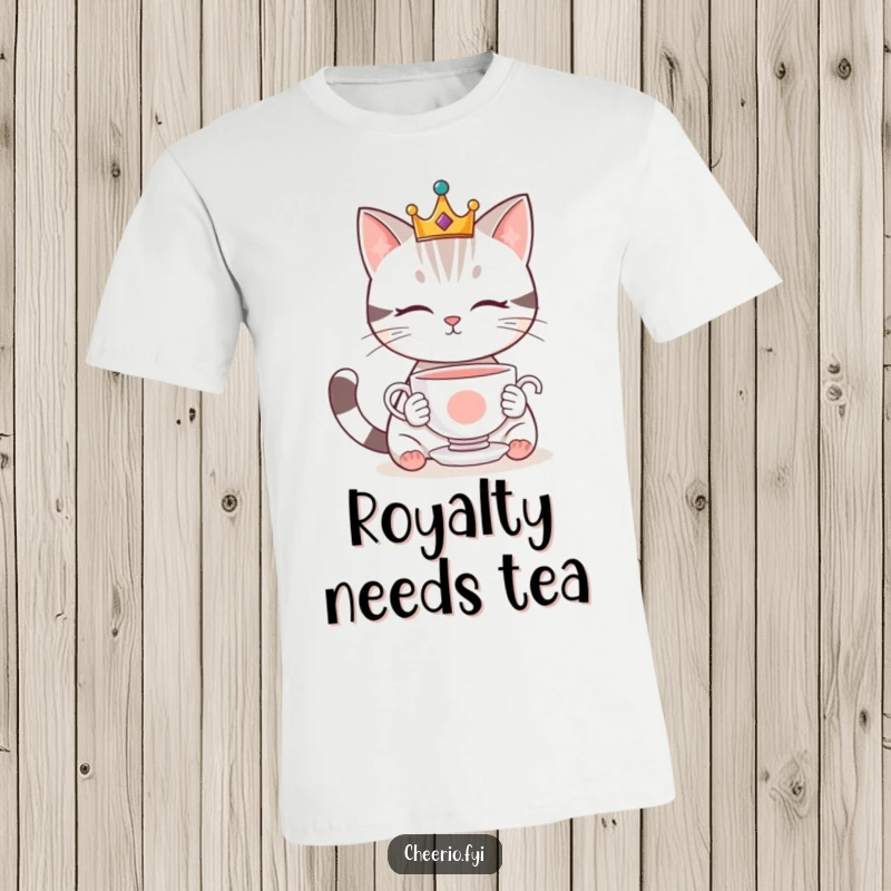 Funny t-shirt featuring a cute cat adorned with a small crown, looking curiously at a teacup floating magically in the air.