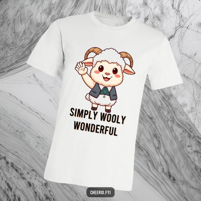 Funny happy sheep wearing a smart waistcoat offering a friendly wave on a comfortable t-shirt.