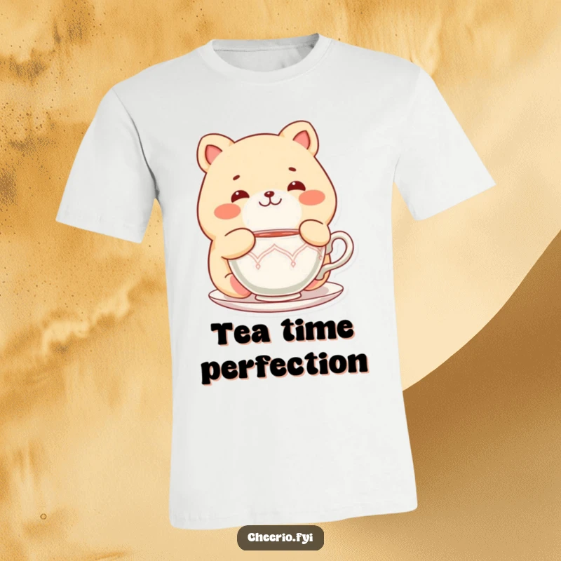 Funny Chubby Cat T-Shirt: A chubby cat character delighted with a teacup, perfect for tea lovers, ideal funny gift.