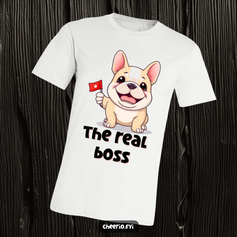 Funny Bulldog T-Shirt: A happy bulldog with a proud grin holds a small flag, looking triumphant.
