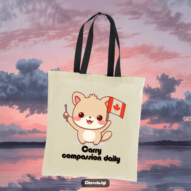 Funny tote bag showcasing a cheerful animal character waving a small flag with a prominent red cross, ideal for carrying essentials with flair.