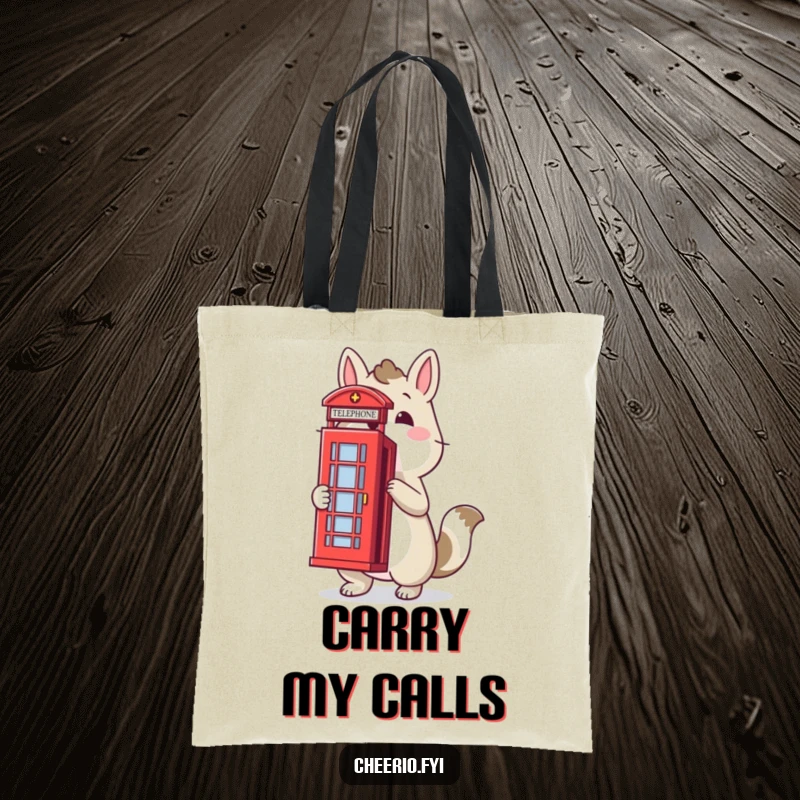 Funny tote bag featuring a proud animal posing with a British red telephone box, perfect for carrying items with iconic humor, ideal funny gift.